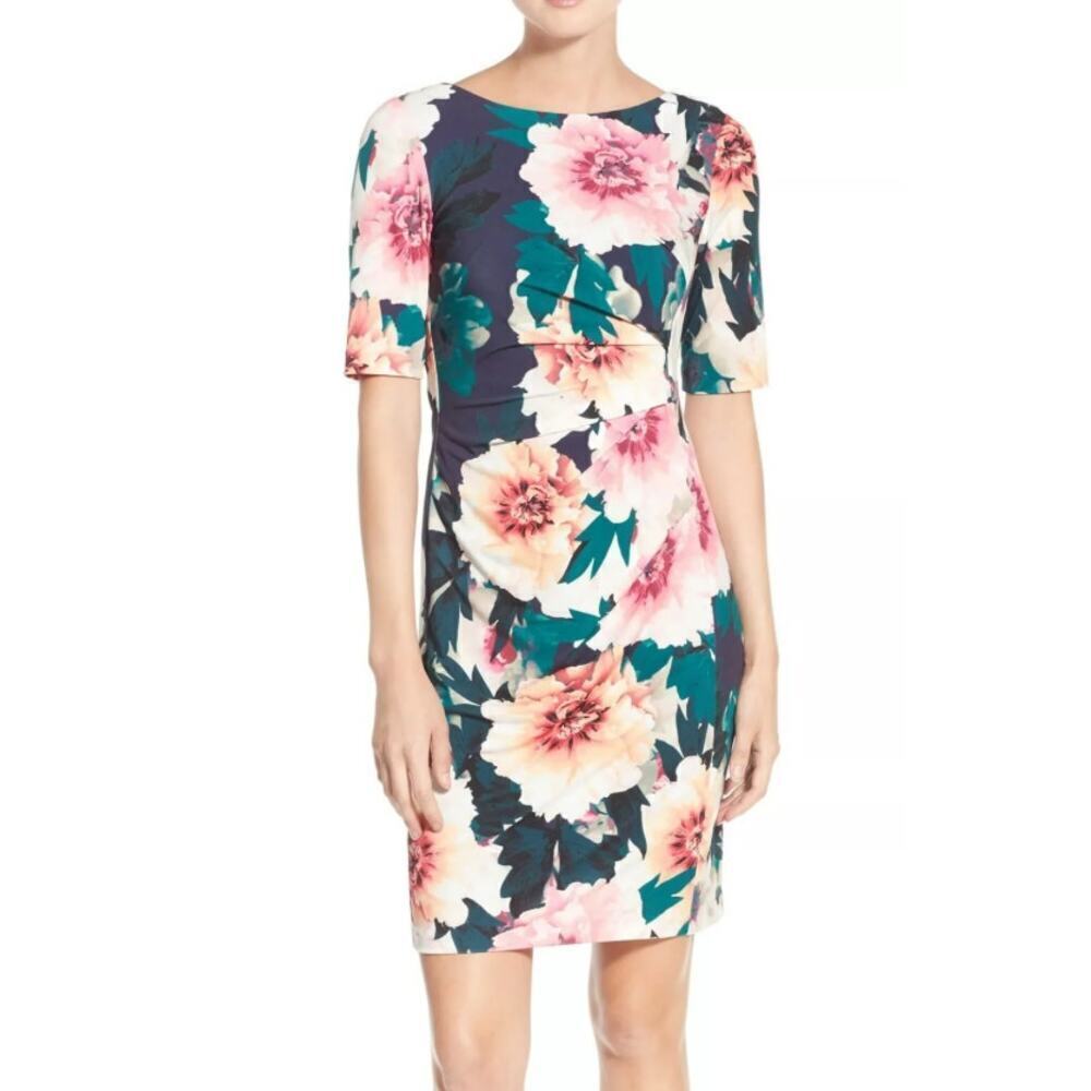 Eliza J Women's Exploding Floral Ruched Lined Sheath Dress Sz 14 Multicolor
